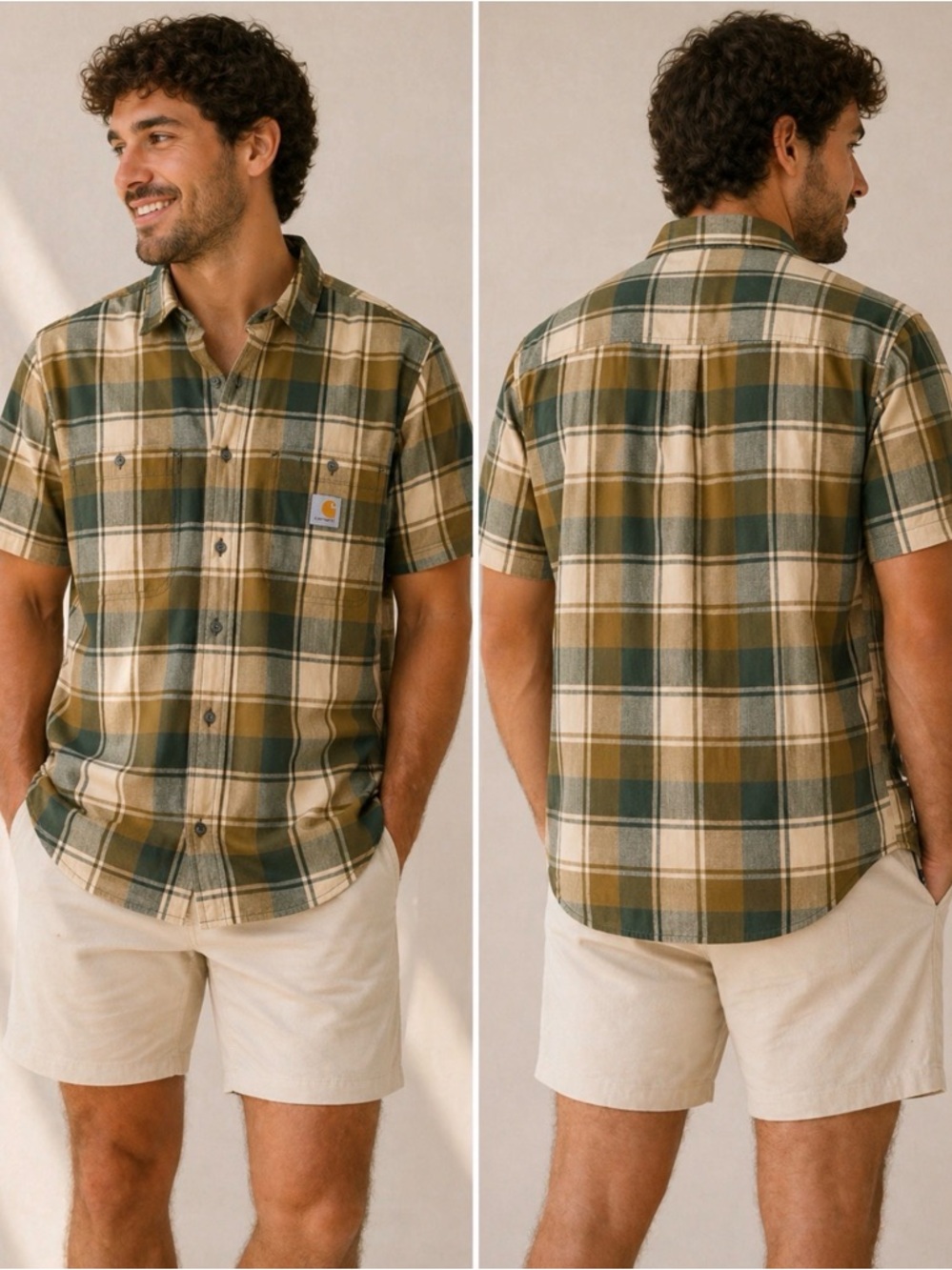 Carhartt Short-Sleeve Plaid Button-Down Shirt in Olive and Tan